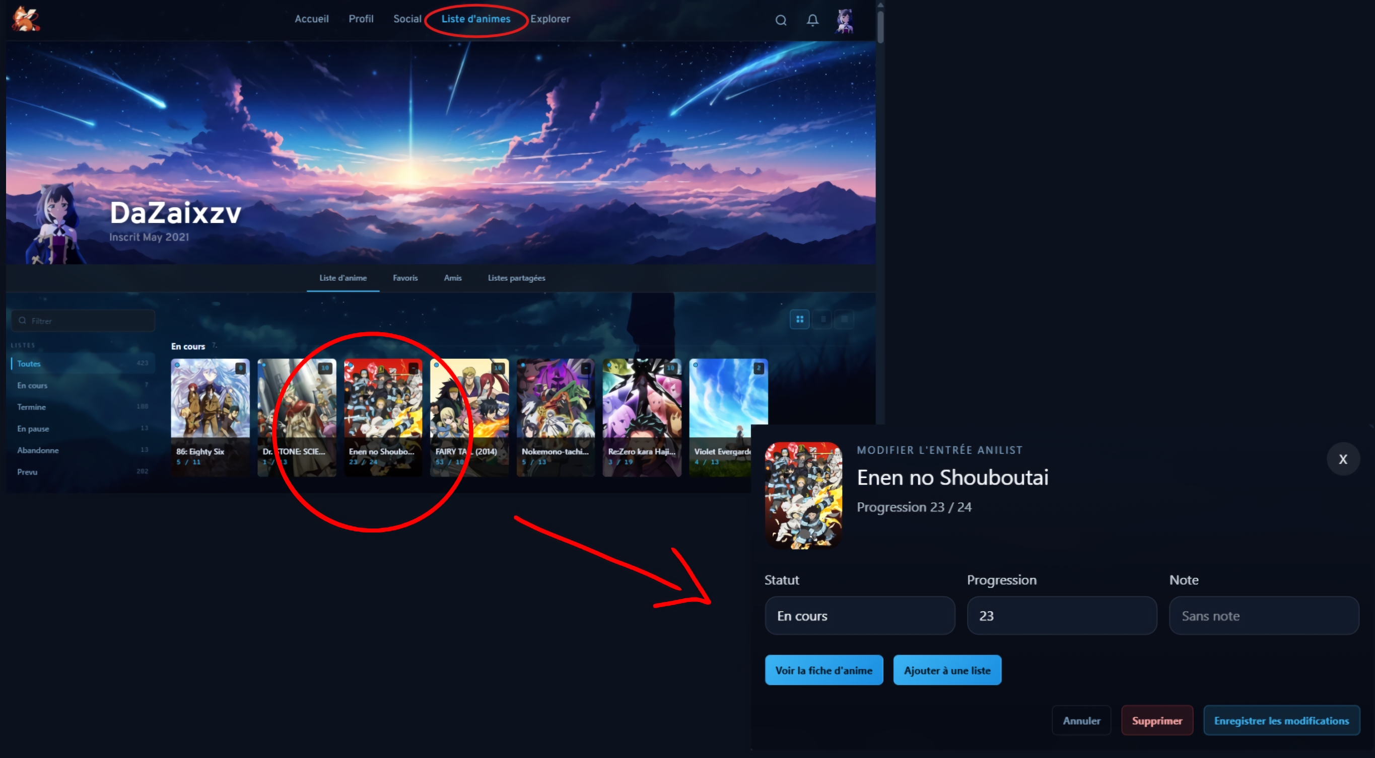 Consulter sa liste d'animes - capture d'ecran