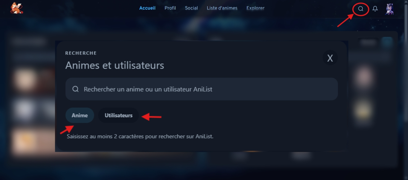 Rechercher un anime ou un utilisateur - capture d'ecran